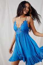 Free People One Adella Slip Dress Women M Blue Crochet Lace Detail Sheer Smocked