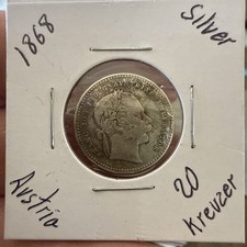 XF 1868 AUSTRIA 20 Kreuzer Silver Coin, Original Extra Fine Condition Austrian