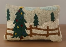 Christmas Wool Hook Needlepoint Pillow Decorated Tree By Wood Fence 18x13  