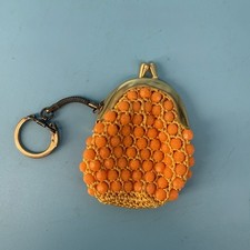 Vintage Coin Purse Beaded Orange Crochet Clip Small Kiss Clasp Gold Tone Cute
