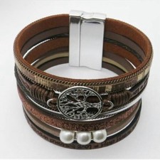 Handmade Multi-Strand Brown Leather Bracelet with Tree of Life & Beads, BNIB