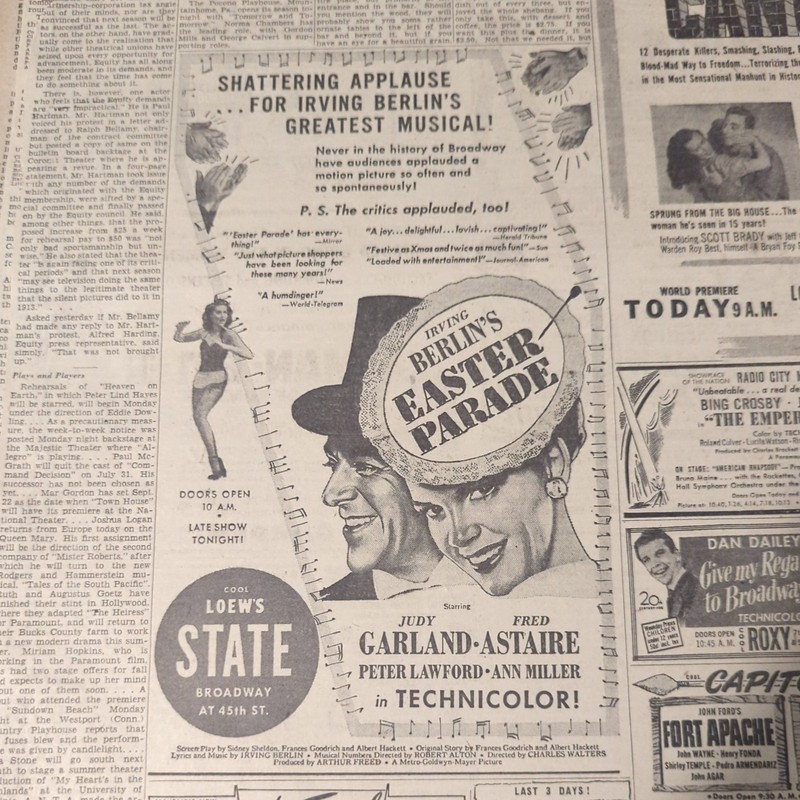 JULY 7, 1948 NEWSPAPER PAGE #2361-  JUDY GARLAND IN "EASTER PARADE" MOVIE AD