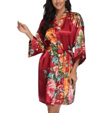 Floral Silk Robes for Women Kimono Satin Bath Robe Bridal Dressing Gown Bride...
