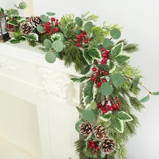 6.6FT Artificial Cedar Christmas Garland with Pine Cones & Berries Holiday Decor