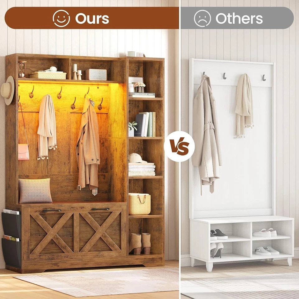 Árbol de pasillo con cajones abatibles, 7 estantes y luces LED, banco de entrada de granja Foto 4 de 4