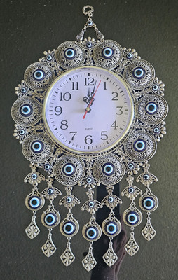 Turkish Style Evil Eye Hanging Wall Clock Silver Metal Quartz Analog Display