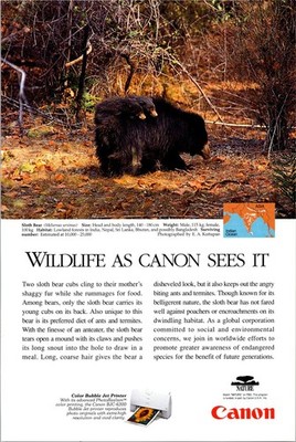 Canon Color Bubble Jet Printer Sloth Bear Vintage Print Ad