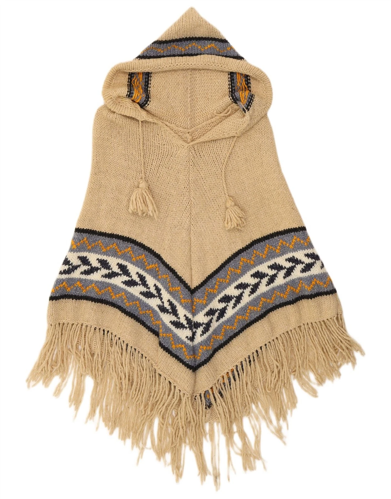 Vintage Womens Hooded Poncho Jumper One Size Beige Fair Isle XT02