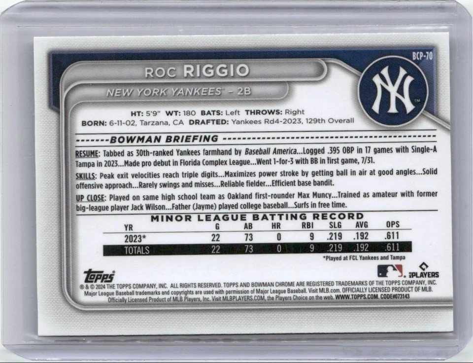 2024 BOWMAN CHROME PROSPECTS ROC RIGGIO NEW YORK YANKEES #BCP-70 - Image 2 of 2