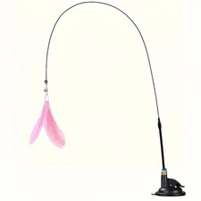 Cat Teaser Toy - Interactive Bell Feather Wand - Long Suction Cup Pole for Exc