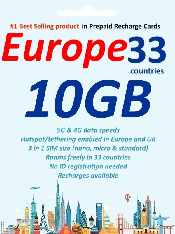Europe Travel SIM Card 5G/4G UK + 32 Countries 10-20GB Data 10-30 Days | Prepaid - Image 2 of 4