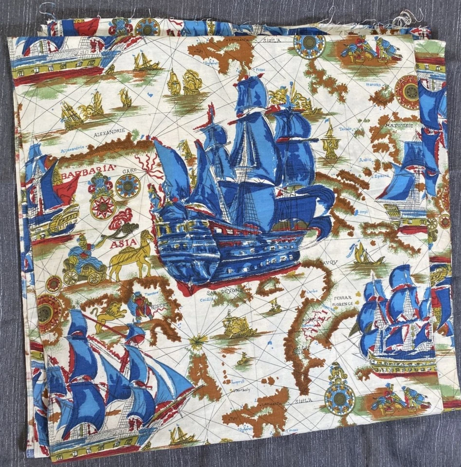Fabric World Map   Ship  1  Yard MCM Sail Lion Camel Compass Barbaria Asia Italy - Image 2 of 4