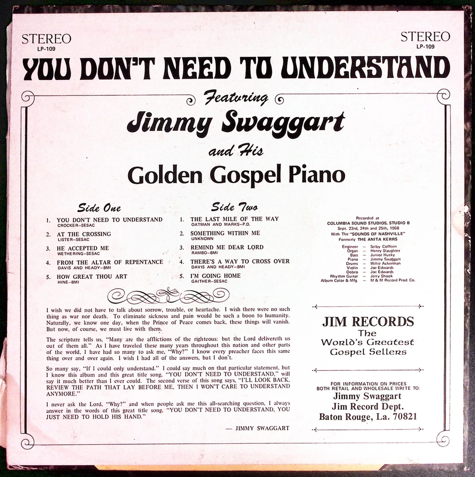 JIMMY SWAGGART YOU DON'T NEED TO UNDERSTAND JIM LP-109 VG-EXC VINYL LP 213-75 - Image 2 of 4