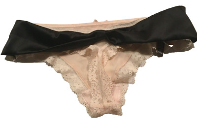 Victorias Secret Pink Ivory Black Bow Tie Back Thong Panty Size S Solid Front