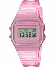 Casio F91WS-4, Digital Chronograph Watch, Pink Jelly Resin Band, Alarm, Date,NEW