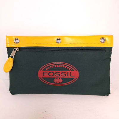 FOSSIL Zipper Pouch Case Pencil 3-Ring Binder Green Yellow Canvas Cosmetic Bag
