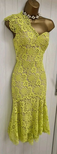 Karen Millen Green Yellow Lime Lace One Shoulder Occasion Dress UK 8 RRP £280 - Picture 8 of 12