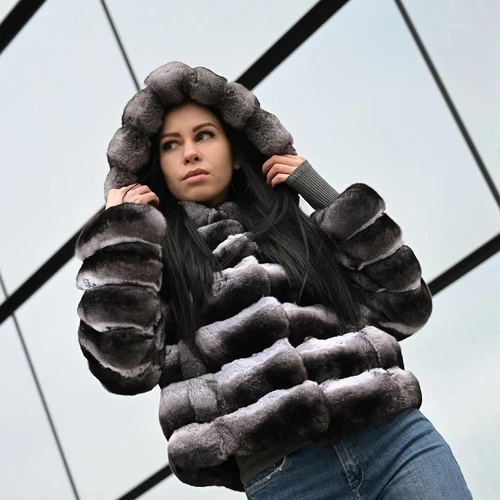2025 Mujer Piel de Conejo Rex Real Capucha Abrigo Invierno Chinchilla Chaqueta Corta - Imagen 2 de 4