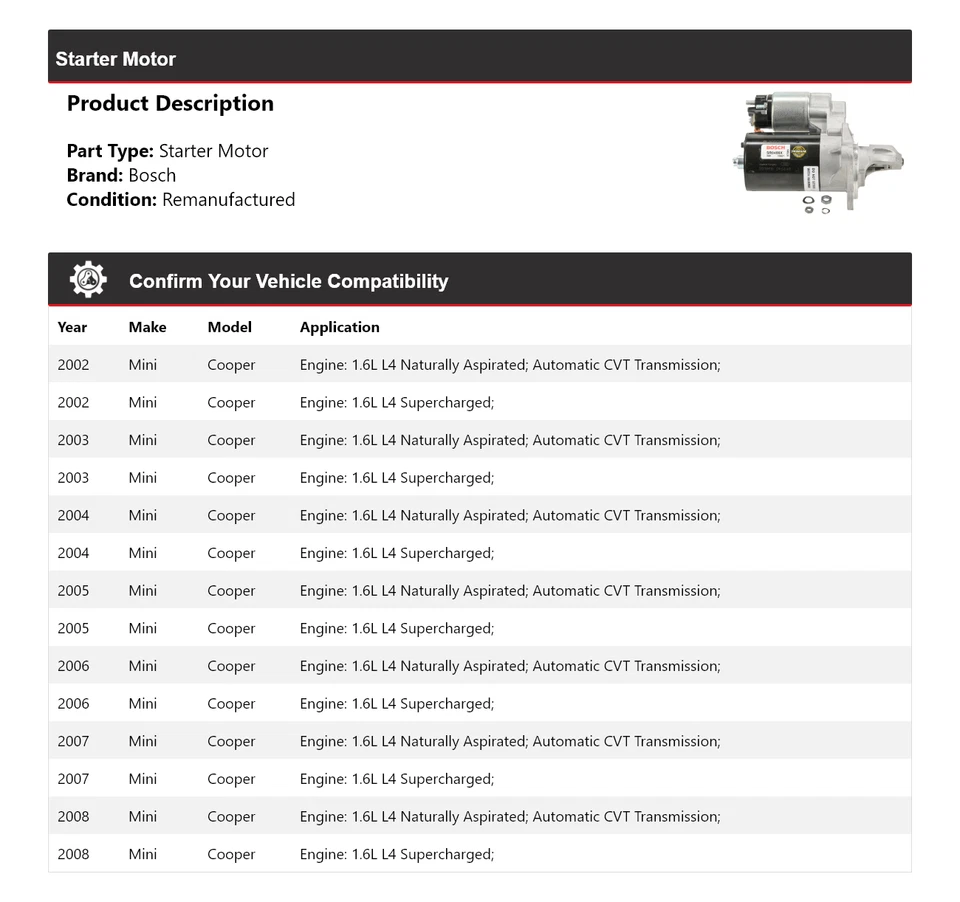 Arrancador para Mini Cooper Bosch 2002-2008 (remanufacturado) 2003 2004 2005 2006 Foto 2 de 4
