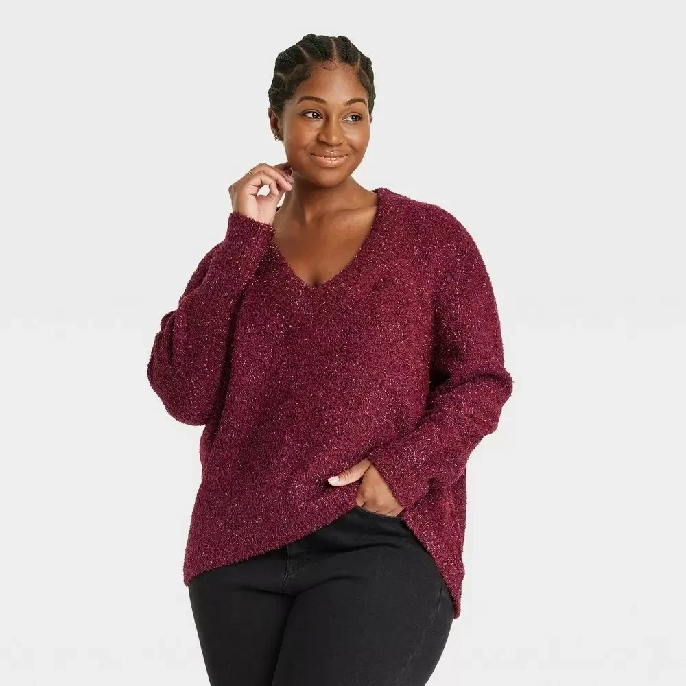 Women's Plus Size Lurex V-Neck Sweater - Ava & Viv Burgundy X