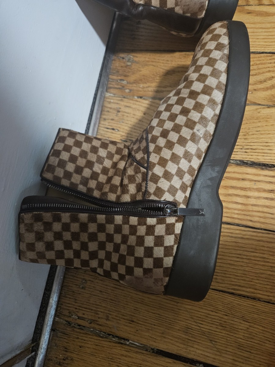 Louis Vuitton Damier Ebene Pattern Ponyhair Boots, Mens Size 