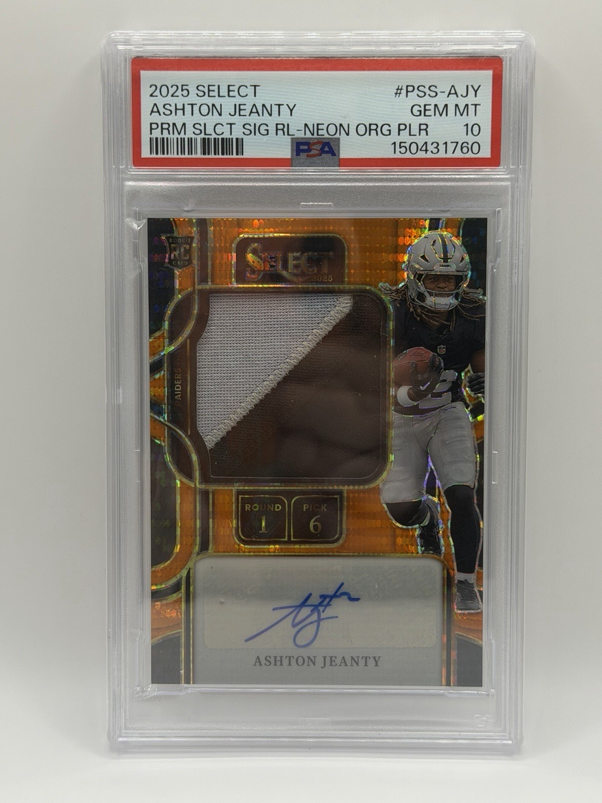 Ashton Jeanty Panini Select Prime Selection Signatures Relics #PSSAJY Neon Orange Pulsar