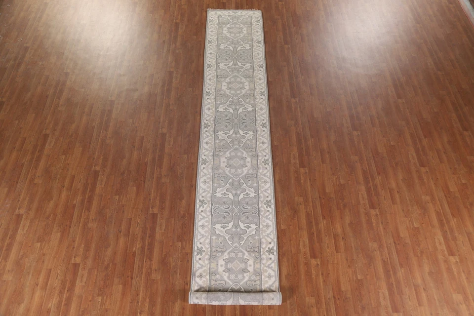 Handmade Gray Wool Oushak Style Runner Rug 3x16 Ft Transitional Oriental Carpet - Image 3 of 4
