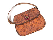 Vintage Tooled Leather Handbag Floral Western Boho Purse Brown