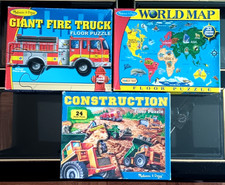 3 Melissa Doug Floor Puzzles - Giant Firetruck, World Map Costruction 3 x2