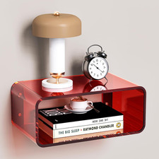 Red Acrylic Floating Nightstand - Wall Mounted Bedside Shelf (Small)