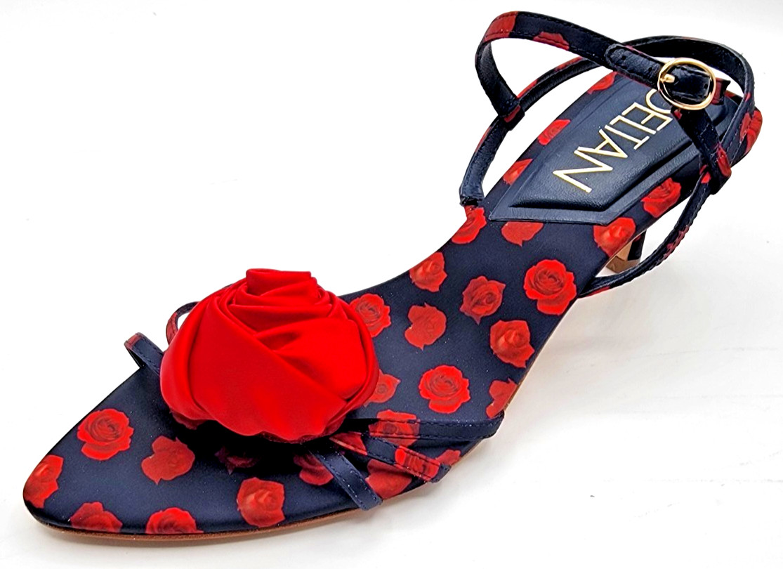 DELTAN Womens 6.5M Amayah Rosette Red Navy Blue Strap Buckle Spring Sandals Shoe