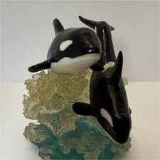 Vintage-Resin Orca Whale Figurine Two Orcas on Ocean Wave Base Sculpture