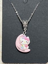 Sanrio Hello Kitty Crescent Moon Hello Kitty Resin Pendant Silver Necklace 18  