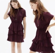 Madewell Women’s Size 0 Radiant Dress Plum Short Sleeve Ruffle Chiffon
