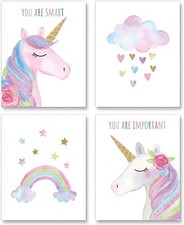 Watercolor Unicorn Nursery Wall Art Girls Room Decor Inspirational Rainbow Fl...