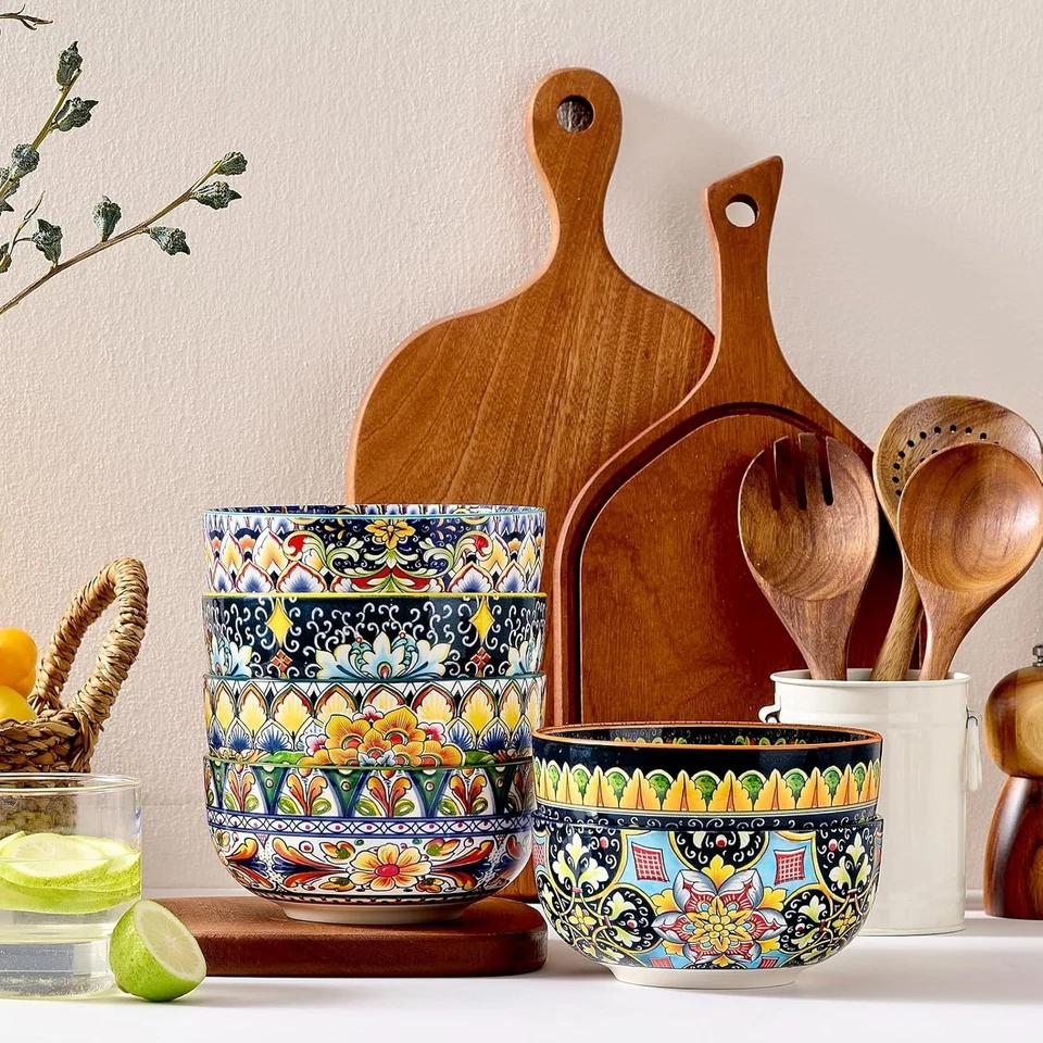 Juego de 6 cuencos de cereal de cerámica, tazón de sopa bohemio de 28 oz, juego de tazones coloridos para Foto 3 de 4