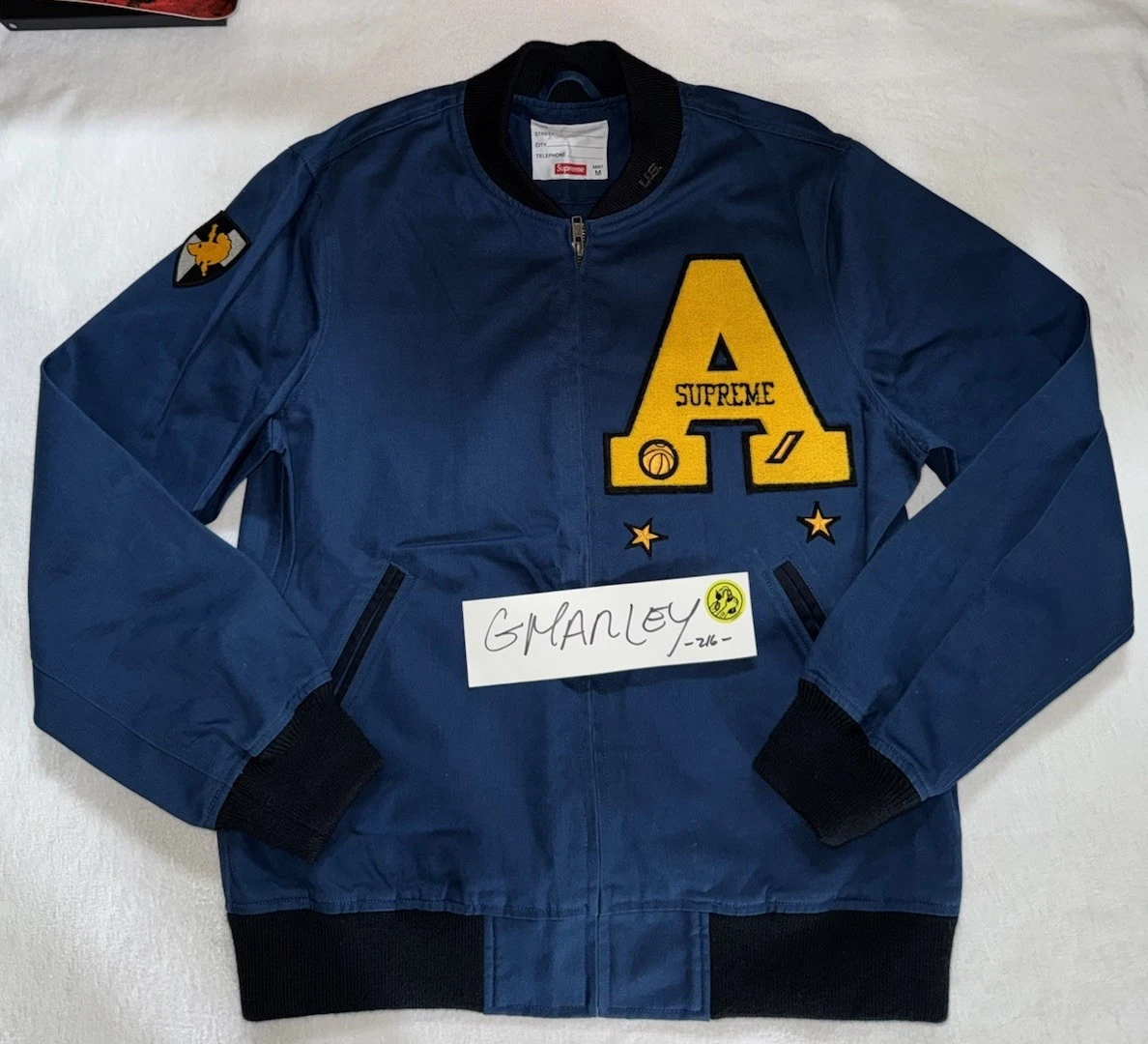 Veste Letterman rouge universitaire Supreme SS13 taille M Cadet bleu épuisé exclusif