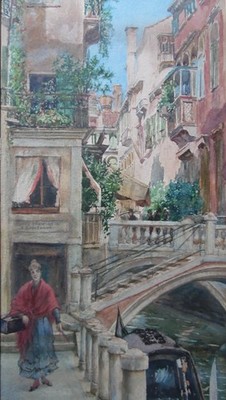 Venedig 1892, Dame an Kanal und Brücke. Giuseppe da Pozzo Original Aquarell