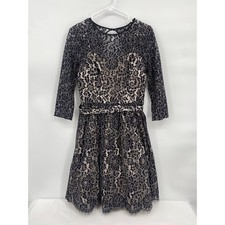 Eliza J Black Lace Overlay Tan Lined Cocktail Dress Belt Long Sleeve 6