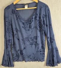 Fashion Bug Vintage Top XL Blue Floral Bell Sleeves Ruffle Edge Fairycore Boho