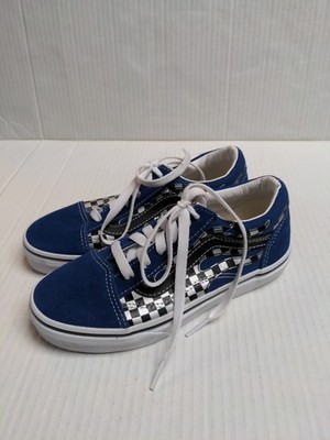 Vans Old School Reflective Checkerboard Blue Flame Suede Sneakers Kids Size 2