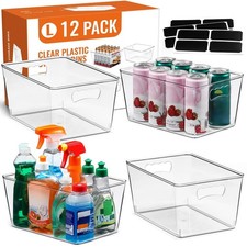 12 PACK LARGE Clear Storage Bins with Handles  Labels, Multiuse Plastic Pantry