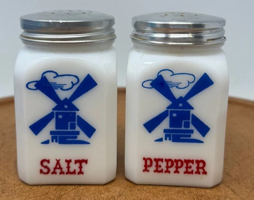 Vintage Hazel Atlas White Milk Glass Dutch Windmills Salt & Pepper Shaker Set