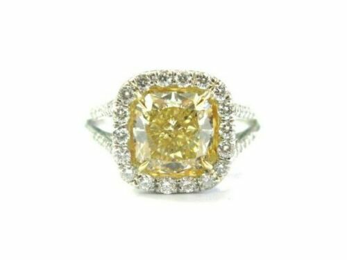 Atractivo anillo de compromiso de oro blanco de 14 K creado en laboratorio con corte cojín amarillo de 4,00 quilates - Imagen 6 de 7