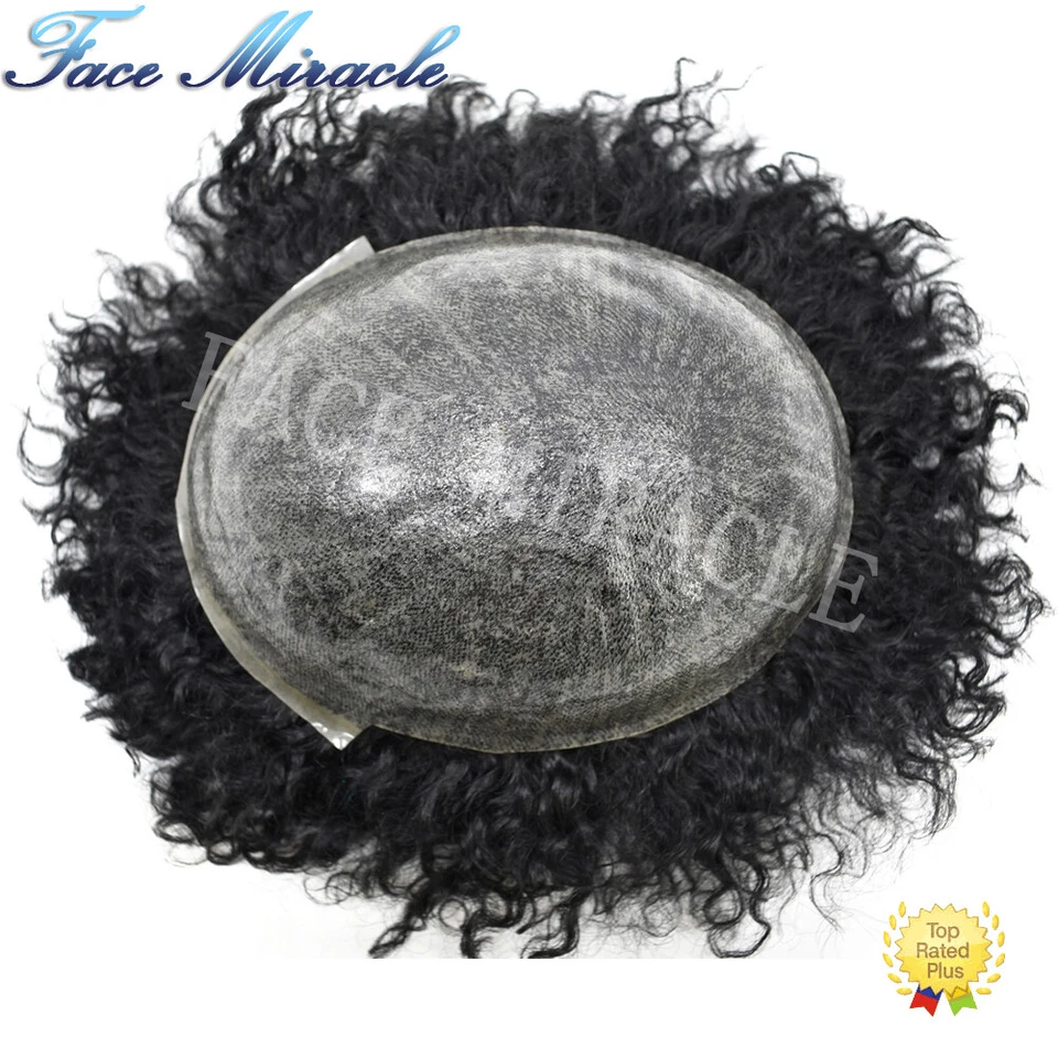 Afro Toupee para Hombres Negros Todo Poli Para Hombres Toupee Sistema de Cabello Humano Pelo Rizado Foto 4 de 4