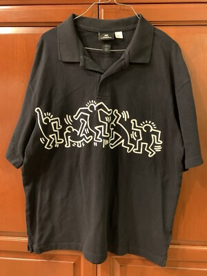 Keith Haring H&M - BLK & WHT Relaxed Fit Cotton Short Sleeve Polo Shirt LGE