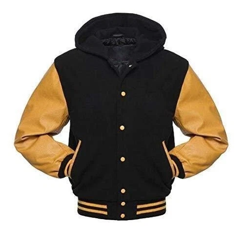 Veste à capuche Varsity Bomber Letterman laine noire avec manches en cuir véritable or