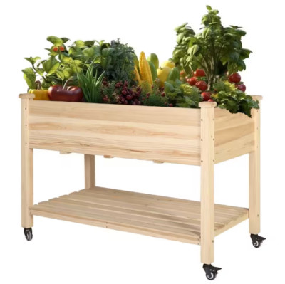 VEIKOUS H Wood Raised Garden Bed with Lockable Whees, Shelf and Liner, Natural