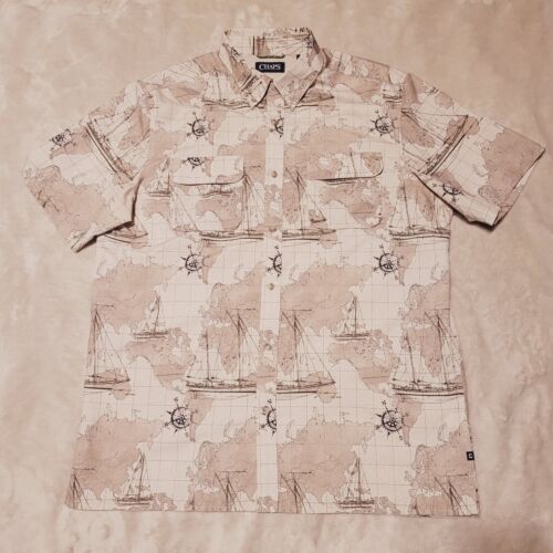 Chaps Shirt Mens Size XL Vented Fishing Map Sailboat AOP Pockets Polyester Beige - Picture 1 of 15