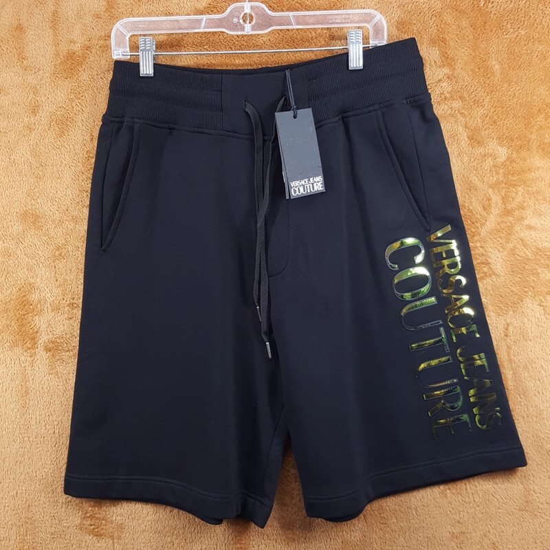 VERSACE Sweat Shorts Mens Small Black Drawstring Logo